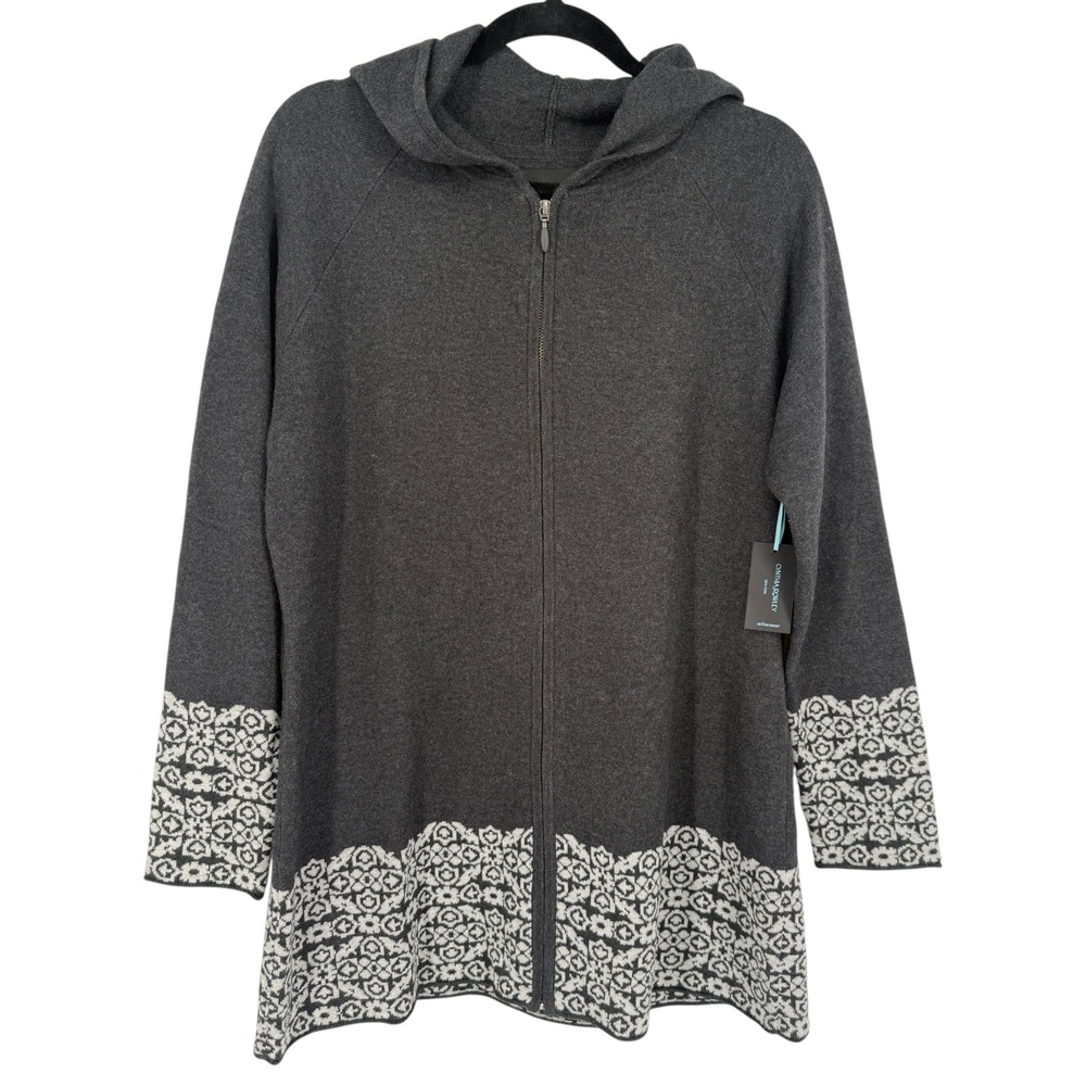 NWT Cynthia Rowley Womens Charcoal Grey Fair Isle Full Zip Sweater Hoodie Sz XL